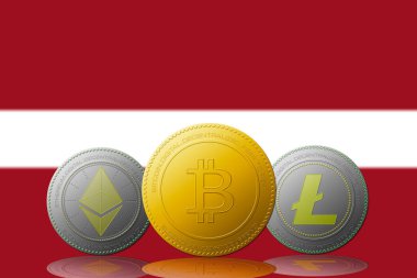 Arka planında bayrak olan üç kripto para birimi Bitcoin Ethereum ve Litecoin