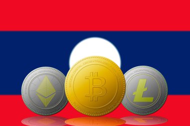 Arka planda Laos bayrağı olan üç kripto para birimi Bitcoin Ethereum ve Litecoin