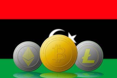 Arka planda Libya bayrağı bulunan üç kripto para birimi Bitcoin Ethereum ve Litecoin