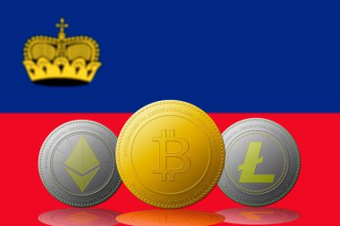 Arka planda Liechtenstein bayrağı bulunan Bitcoin Ethereum ve Litecoin üç kripto para birimi