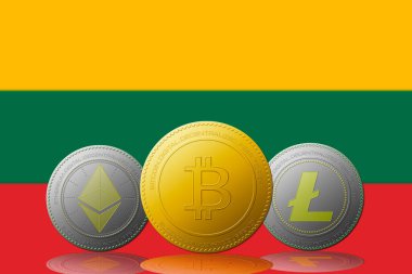 Arka planında Litvanya bayrağı olan üç kripto para birimi Bitcoin Ethereum ve Litecoin