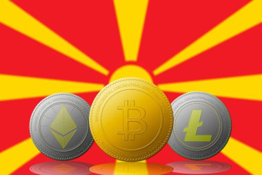 Arka planda Makedonya bayrağı bulunan üç kripto para birimi Bitcoin Ethereum ve Litecoin