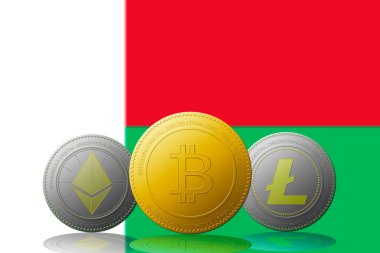 Arka planda Madagaskar bayrağı bulunan üç kripto para birimi Bitcoin Ethereum ve Litecoin