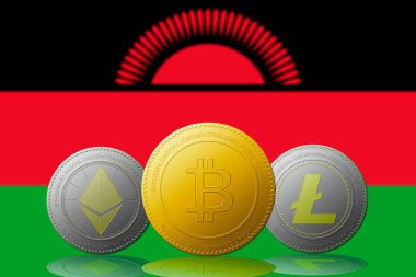 Arka planda Malavi bayrağı bulunan üç kripto para birimi Bitcoin Ethereum ve Litecoin