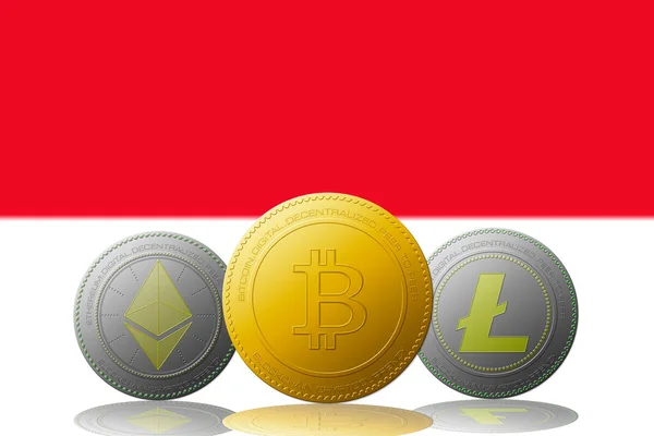 Trzy Kryptowaluty Bitcoin Ethereum Litecoin Flagą Indonezji Tle — Zdjęcie stockowe