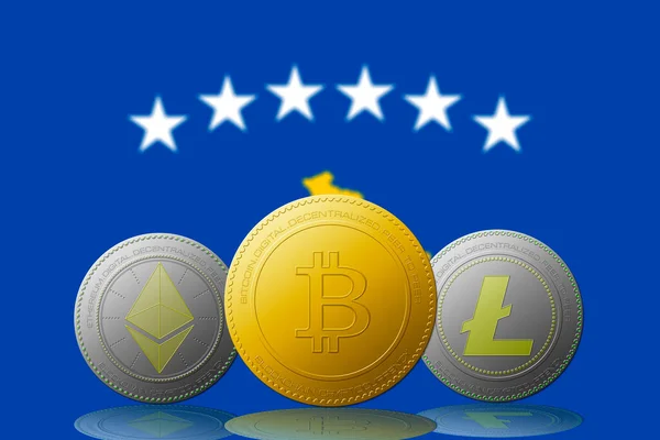 Три Криптовалюти Bitcoin Ethereum Litecoin Прапором Косово Задньому Плані — стокове фото