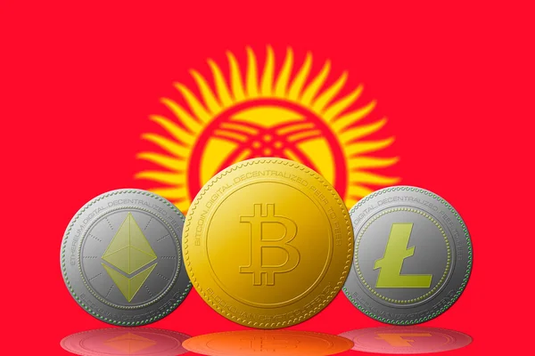 Arka planda Kırgızistan bayrağı bulunan üç kripto para birimi Bitcoin Ethereum ve Litecoin