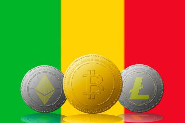 Arka planda Mali bayrağı bulunan üç kripto para birimi Bitcoin Ethereum ve Litecoin