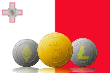 Arka planda Malta bayrağı bulunan üç kripto para birimi Bitcoin Ethereum ve Litecoin
