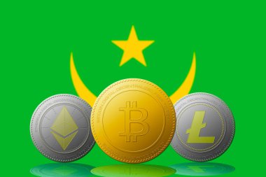 Arka planda Moritanya bayrağı bulunan üç kripto para birimi Bitcoin Ethereum ve Litecoin