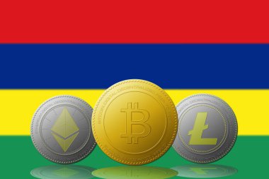 Üç kripto para birimi Bitcoin Ethereum ve Litecoin. Arka planda Mauritius bayrağı var.