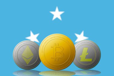 Arka planda mikronezya bayrağı bulunan üç kripto para birimi Bitcoin Ethereum ve Litecoin