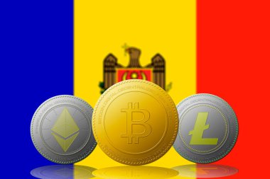 Arka planda Moldova bayrağı bulunan üç kripto para birimi Bitcoin Ethereum ve Litecoin