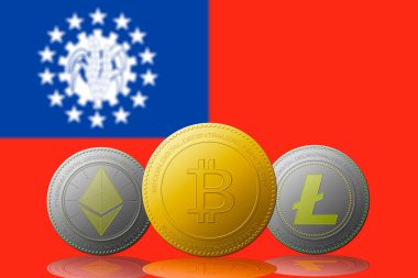 Arka planda Myanmar bayrağı bulunan üç kripto para birimi Bitcoin Ethereum ve Litecoin