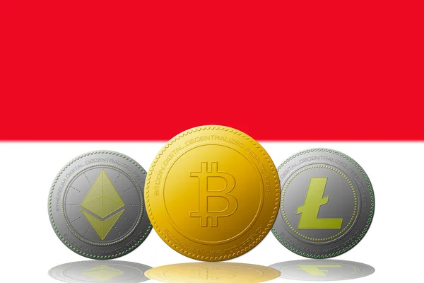 Trzy Kryptowaluty Bitcoin Ethereum Litecoin Flagą Monako Tle — Zdjęcie stockowe