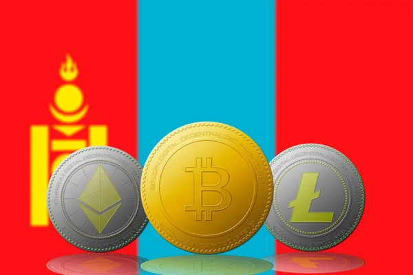 Три Криптовалюти Bitcoin Ethereum Litecoin Монгольським Прапором Задньому Плані — стокове фото