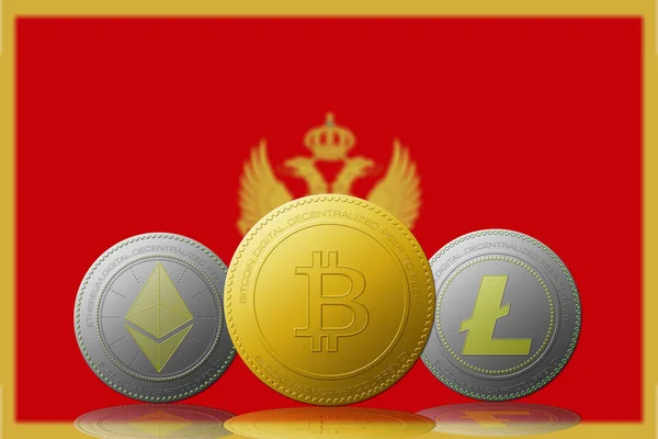 モンテネグロの旗を背景にした3つの暗号通貨Bitcoin EthereumとLitecoin — ストック写真