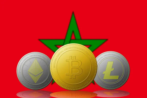 Three Cryptocurrencies Bitcoin Ethereum Litecoin Morocco Flag Background — Stock Photo, Image