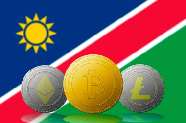 Arka planda Namibya bayrağı bulunan üç kripto para birimi Bitcoin Ethereum ve Litecoin