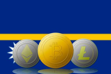 Arka planda Nauru bayrağı bulunan üç kripto para birimi Bitcoin Ethereum ve Litecoin