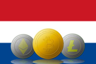 Arka planda Hollanda bayrağı bulunan üç kripto para birimi Bitcoin Ethereum ve Litecoin