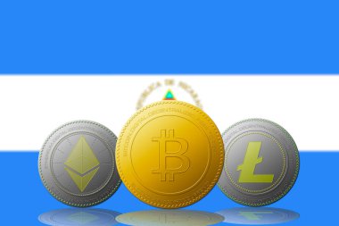 Arka planda Nikaragua bayrağı bulunan Bitcoin Ethereum ve Litecoin üç kripto para birimi