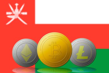 Arka planda Umman bayrağı olan üç kripto para birimi Bitcoin Ethereum ve Litecoin
