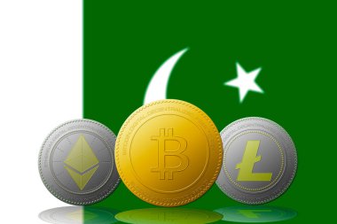 Üç kripto para birimi Bitcoin Ethereum ve Litecoin. Arka planda Pakistan bayrağı var.