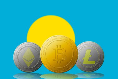 Arka planda Palau bayrağı olan üç kripto para birimi Bitcoin Ethereum ve Litecoin