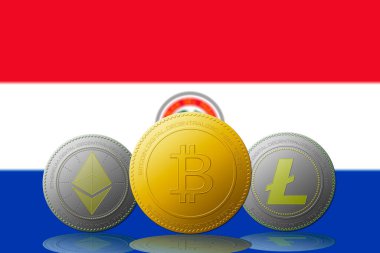 Arka planda Paraguay bayrağı olan üç kripto para birimi Bitcoin Ethereum ve Litecoin