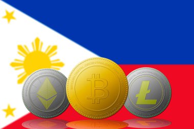 Arka planda Filipinler bayrağı bulunan Bitcoin Ethereum ve Litecoin üç kripto para birimi