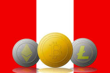 Arka planda Peru bayrağı olan üç kripto para birimi Bitcoin Ethereum ve Litecoin