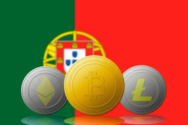 Üç kripto para birimi Bitcoin Ethereum ve Litecoin. Arkasında Portekiz bayrağı var.
