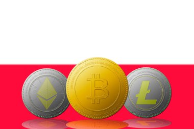 Arka planda Polonya bayrağı bulunan üç kripto para birimi Bitcoin Ethereum ve Litecoin