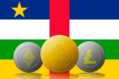 Arka planda Orta Afrika Cumhuriyeti bayrağı bulunan üç kripto para birimi Bitcoin Ethereum ve Litecoin