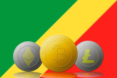 Arka planda Kongo Cumhuriyeti bayrağı bulunan üç kripto para birimi Bitcoin Ethereum ve Litecoin