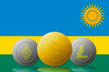 Arka planda Ruanda bayrağı olan üç kripto para birimi Bitcoin Ethereum ve Litecoin