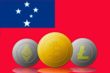 Arka planda Samoa bayrağı olan üç kripto para birimi Bitcoin Ethereum ve Litecoin