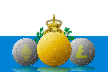 Arka planda San Marino bayrağı bulunan üç kripto para birimi Bitcoin Ethereum ve Litecoin
