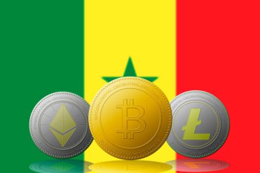Arka planda Senegal bayrağı olan üç kripto para birimi Bitcoin Ethereum ve Litecoin