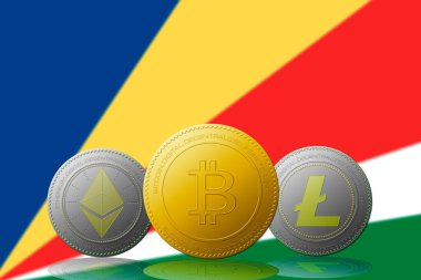 Arka planda Seyşeller bayrağı olan üç kripto para birimi Bitcoin Ethereum ve Litecoin