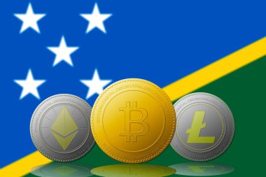 Arka planda Solomon Adaları bayrağı olan üç kripto para birimi Bitcoin Ethereum ve Litecoin