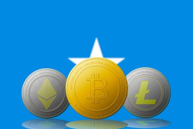 Arka planında Somali bayrağı olan üç kripto para birimi Bitcoin Ethereum ve Litecoin