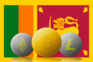 Arka planda Sri Lanka bayrağı olan üç kripto para birimi Bitcoin Ethereum ve Litecoin