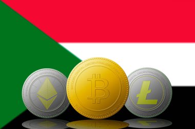 Arka planda Sudan bayrağı olan üç kripto para birimi Bitcoin Ethereum ve Litecoin