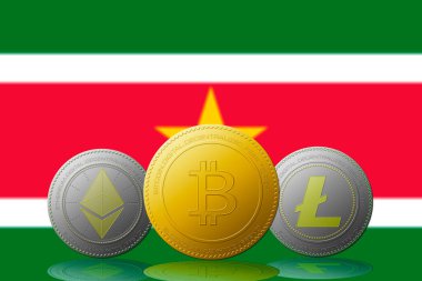 Arka planında Surinam bayrağı olan üç kripto para birimi Bitcoin Ethereum ve Litecoin