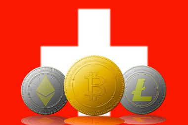 Arka planda İsviçre bayrağı bulunan üç kripto para birimi Bitcoin Ethereum ve Litecoin
