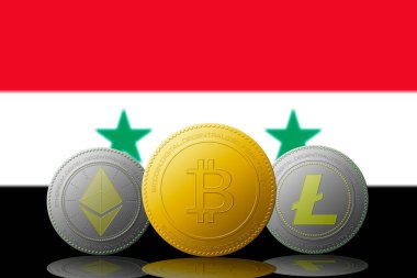 Arka planda Suriye bayrağı bulunan üç kripto para birimi Bitcoin Ethereum ve Litecoin