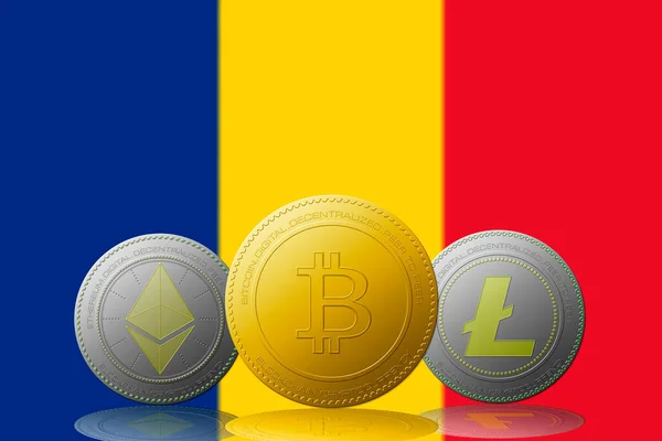 以罗马尼亚国旗为背景的三种加密货币Bitcoin Ethereum和Lhran Oin — 图库照片