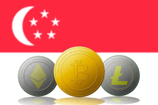 Arka planında Singapur bayrağı olan üç kripto para birimi Bitcoin Ethereum ve Litecoin